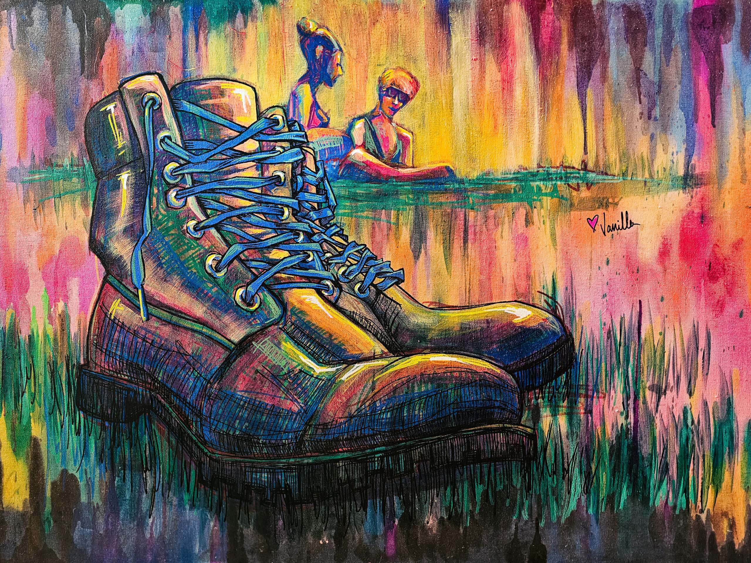 A Memory in An Anchor,' showing work boots with disheveled laces in sharp detail and two loosely-rendered femme figures. Vibrant colors, 48x36 inches.