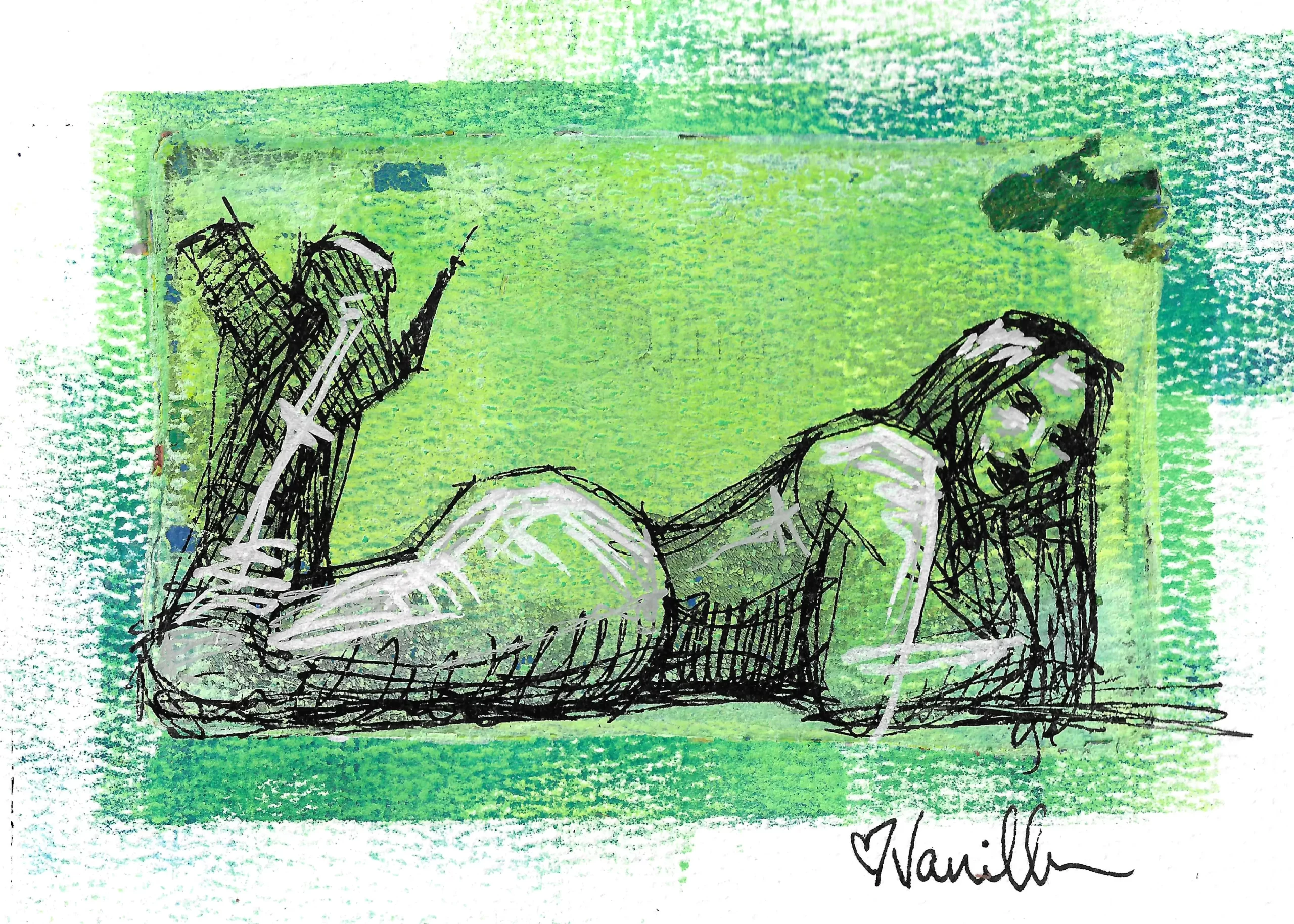 A 5x7 gel print drawing of a woman lying on her stomach with legs kicked back in boots. She wears lingerie and has long straight hair. The mint green, white, black, and green tones create a fresh, vibrant feel. Matted to 8x10 with a white mat and framed in black.