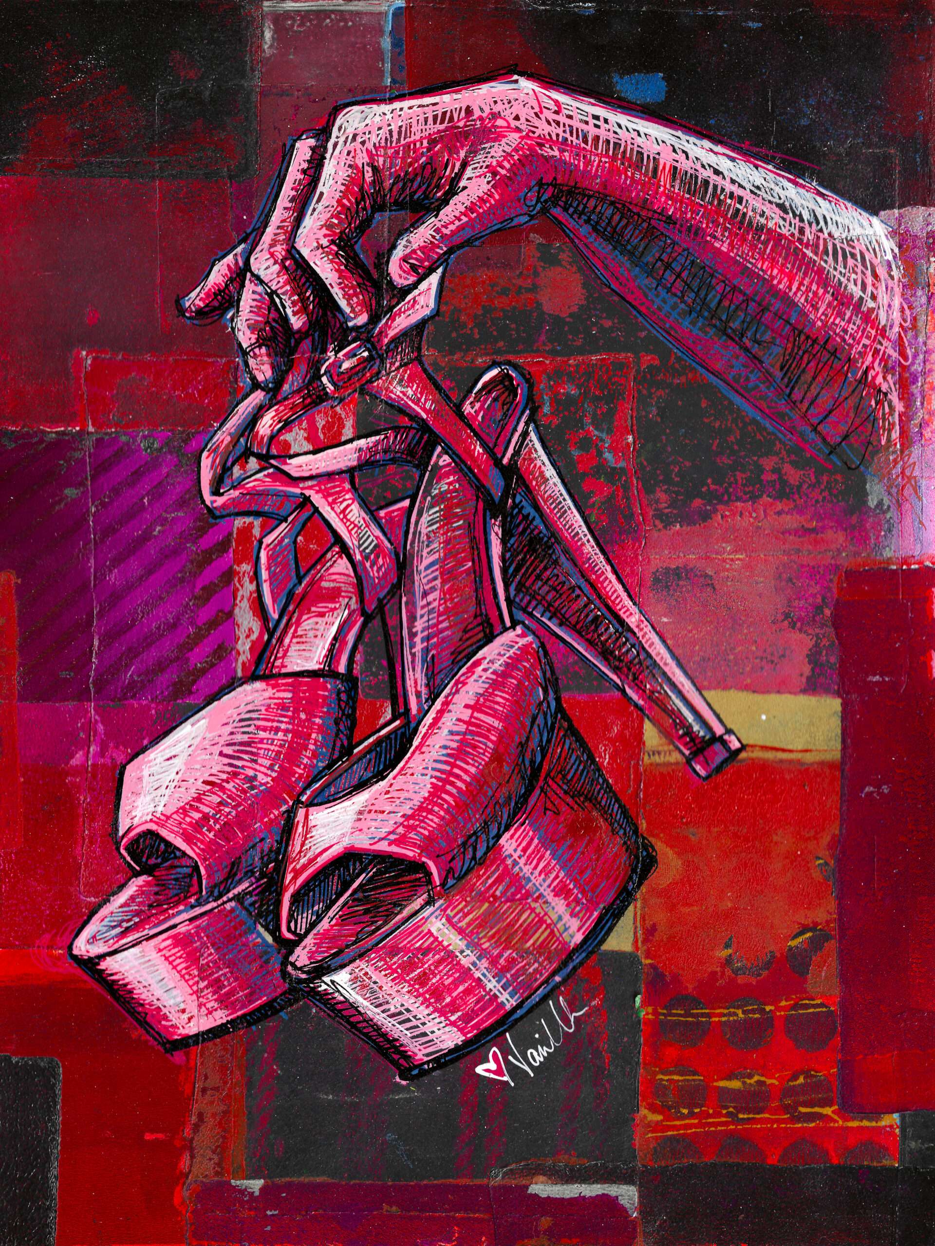 An 8x10 drawing of a hand holding Pleaser-style stripper shoes, dangling loosely from its fingers. The gel-printed background in red, burgundy, purple, gold, silver, and white adds texture. Matted to 11x14 with matching prints and framed in black.