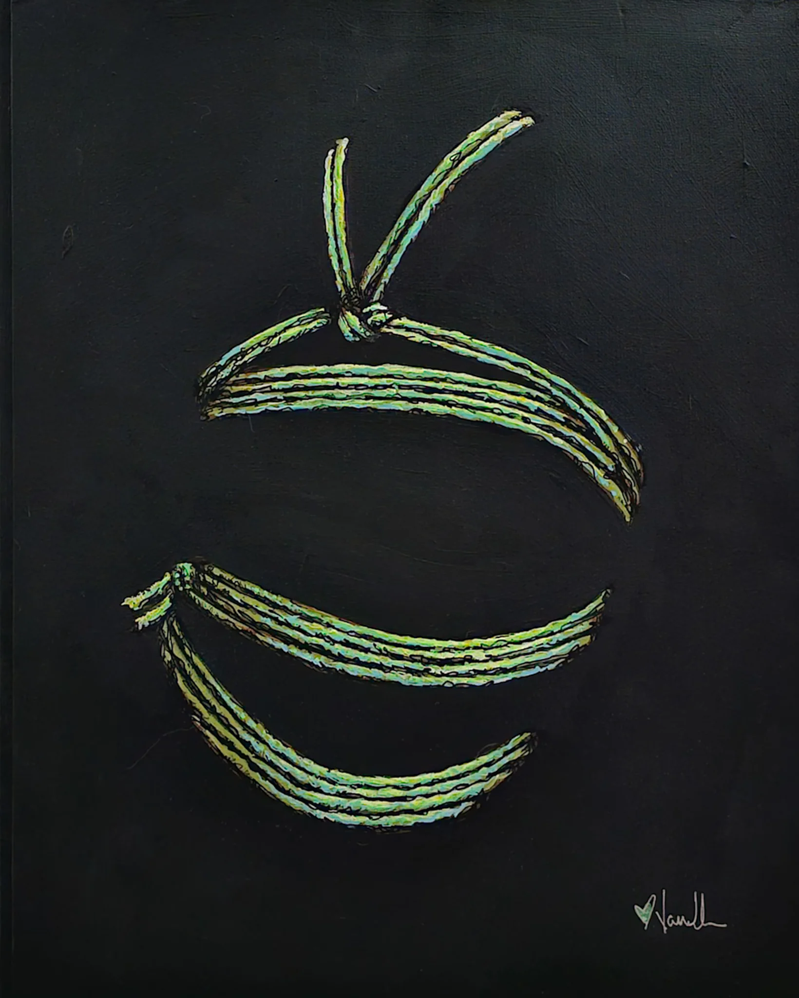 Mint green chest tie on a completely transparent form, over a black background. Acrylic on unframed canvas panel, 16x20.