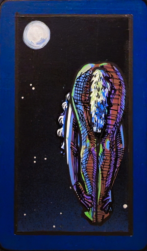 A tarot painting of The Moon. Against a dark star-speckled sky, a large pale moon glows in the upper left. Centered is the back view of a nude figure, bowing forward with arms stretched down, their body arched like a crescent. The figure’s form is painted in jewel tones of violet, green, and blue with white highlights, outlined in black. A fluffy tail or tuft of hair at the base of the spine gleams under moonlight. The border is deep blue. The image conveys mystery, surrender, and dreamlike transformation.