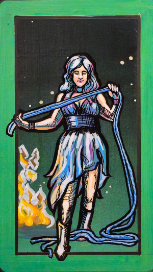 A tarot painting of Temperance. A long-haired figure in a flowing dress stands barefoot, calmly holding a length of blue rope stretched between their hands. Their expression is peaceful, eyes lowered in focus. A fire burns to the left, its orange flames contrasting the cool blues and purples of the figure’s clothing. The background is dark green with scattered yellow dots, framed by a bright green border. White text at the top reads “XIV Temperance.” The image conveys balance, harmony, and calm through restraint and flow.