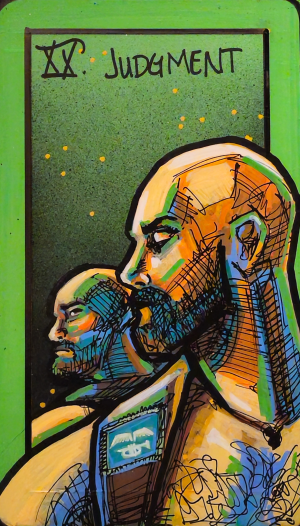A tarot painting of Judgment. A bald, bearded man looks into a mirror, his reflection shown in profile beside him. His chest bears a rectangular patch with stylized wings on a blue background. His body is painted in oranges, blues, and greens with black outlines. The backdrop is mottled green with small yellow dots, framed by a vivid green border. The top reads “XX Judgment.” The image conveys self-reflection, reckoning, and transformation.