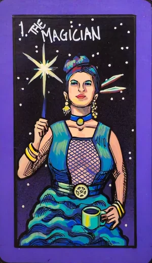 A tarot painting of The Magician. A confident figure stands against a star-speckled black sky with a purple border. They wear a choker, hoop earrings, and a sleeveless teal outfit over fishnet mesh. In their left hand they hold a glowing yellow wand tipped with a radiant starburst, while their right hand holds a teal cup. A pentacle-shaped buckle fastens their belt, and wands radiate like feathers from their hair, which is wrapped in a colorful scarf. The words “I. The Magician” appear at the top. The image conveys mastery, presence, and transformative power.