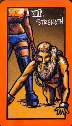 A tarot painting of Strength. In the foreground, a muscular, bearded figure with a lion-like mane crawls on hands and knees, looking directly outward with fierce eyes. A chain drapes across their shoulders. Behind them stands a dominant figure, cropped at the torso, wearing thigh-high blue boots and shorts, holding the chain loosely in one hand. The figures are painted in warm oranges, yellows, and deep blues, outlined in black. The background shifts from brown to gold, with a bold orange border. The words “VIII Strength” appear in white at the top right. The image conveys power through surrender, dominance, and primal resilience.