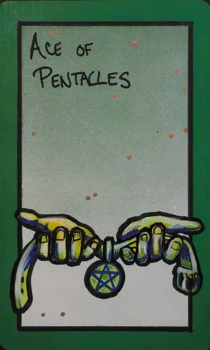 A tarot painting of Ace of Pentacles. Two hands extend from opposite sides of the image, holding a circular pendant marked with a green pentacle outlined in blue. The background is a soft mottled gray-green, framed by a bold green border. Black text at the top reads “Ace of Pentacles.”