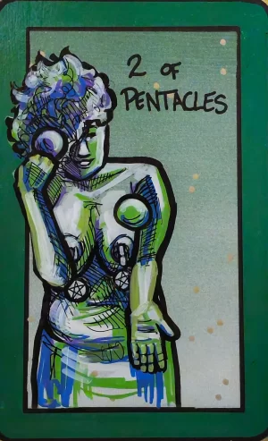 A tarot painting of Two of Pentacles. A smiling figure with curly hair juggles two green balls, one held up near their face and the other resting on their chest. They wear nipple clamps with dangling pentacle weights. The figure is drawn in green, blue, and white tones against a pale green background, framed by a bold green border. Black text at the top reads “2 of Pentacles.”