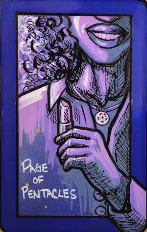 A tarot painting of Page of Pentacles. A smiling figure with curly hair holds up a small lipstick-shaped vibrator, wearing a necklace with a pentacle charm. The scene glows in purples and blues with a deep blue frame. White text at the bottom left reads “Page of Pentacles.”