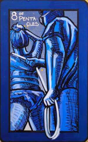 A tarot painting of Eight of Pentacles. Two figures in blue tones are shown in a rope scene, one tying rope on the other’s body, the second holding coils of rope in hand. The background is silver-gray with small golden dots and a dark blue border. Black text at the top reads “8 of Pentacles.”