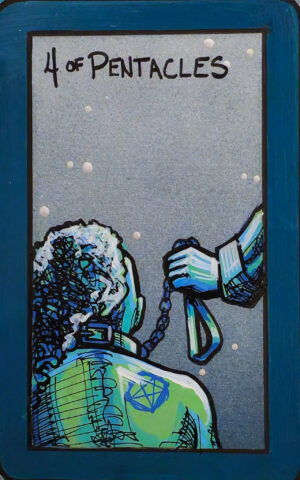 A tarot painting of Three of Pentacles. At the center, a woman is bound to a black St. Andrew’s cross. On either side, a man and a woman stand facing her, each holding a flogger. All three figures are painted in tones of blue, green, and violet. The background is gray-green, framed by a bold green border. Black text at the top reads “3 of Pentacles.”