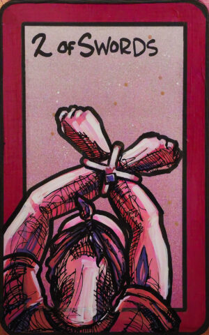 A painting of the 2 of Swords showing a person’s arms tied at the wrists above their head, head bowed beneath.