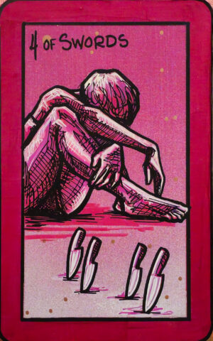 A painting of the 4 of Swords showing a seated person bent over with their head on their knees, four blades in front of them.