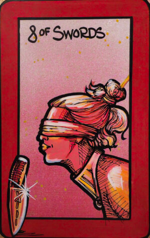 A painting of the 8 of Swords showing a blindfolded person with their hair tied up and a collar around their neck. A sword stands upright in front of them.
