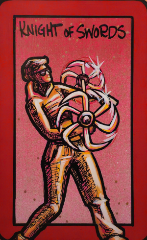 A painting of the Knight of Swords showing a person holding a large spinning blade with sparks along its edges.