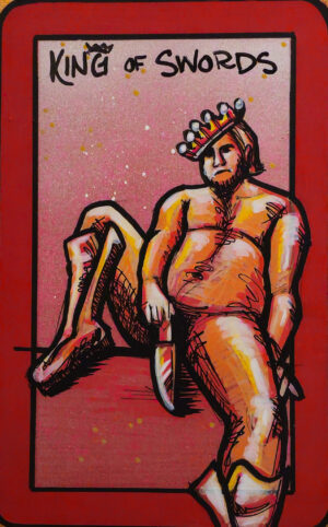 A painting of the King of Swords showing a crowned nude figure seated with one knee raised, holding a sword across their lap.