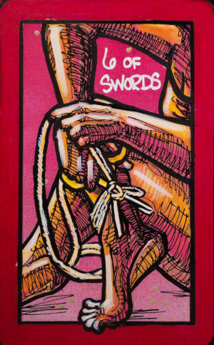 A painting of the 6 of Swords showing a hand gripping knotted rope with legs and torso partly visible.