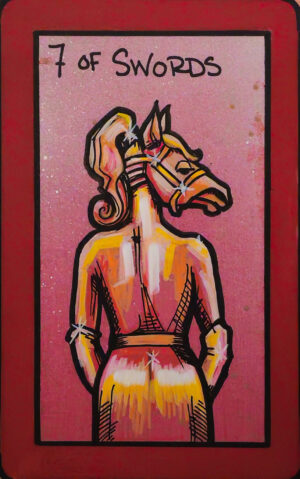 A painting of the 7 of Swords showing a person from behind wearing a pencil skirt, elbow-length gloves, and a horse mask. Their hands rest in front of their body.