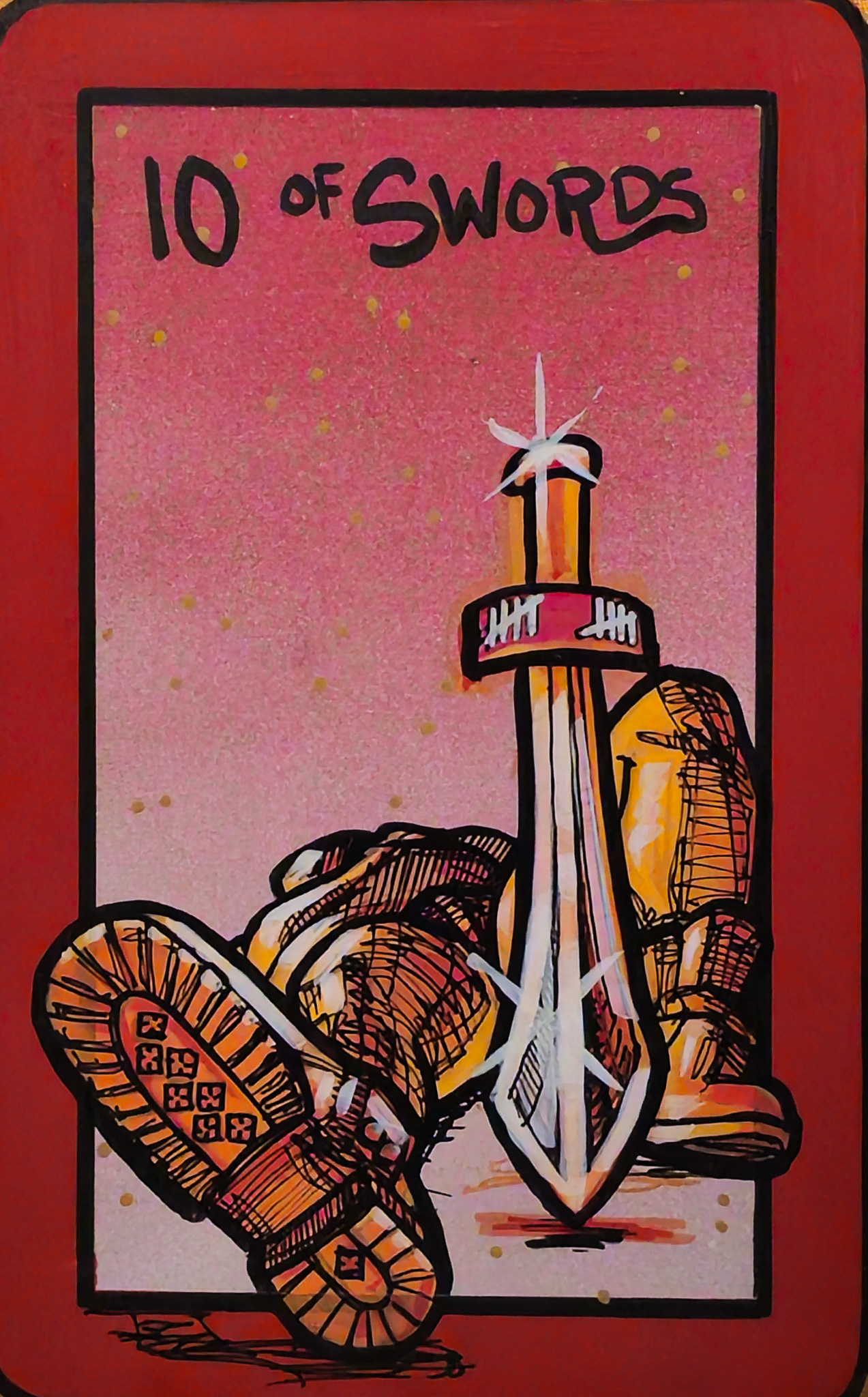 A painting of the 10 of Swords showing a large sword glowing upright with boots and legs spread at its base.