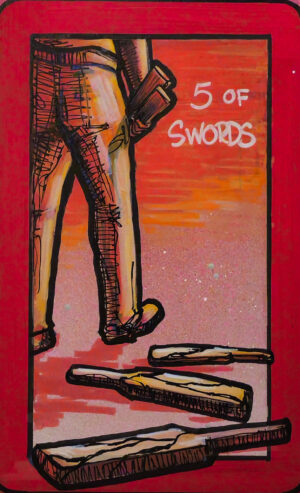 A painting of the 5 of Swords showing a person walking away holding a weapon, with broken blades scattered behind them.
