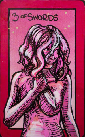 A painting of the 3 of Swords showing a figure holding a knife to their chest, hair obscuring part of their face.