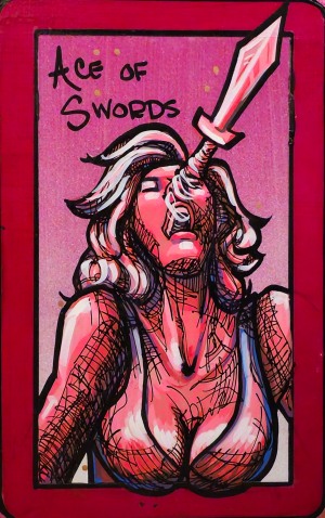 A painting of the Ace of Swords showing a person with their head back and a sword rising from their mouth, drawn in pink and red tones.