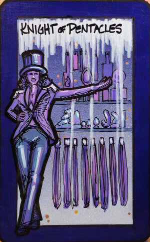 This original painting is part of the 78-piece Demand & Delight tarot series, created directly for the working deck. The piece measures 9x12 inches, with the tarot image about 6x10 inches, framed by hand-applied metal foil that shifts in the light. Signed on the front, bottom right. The Knight of Pentacles is steady and deliberate, dressed as a circus ringleader and presenting a closet full of neatly arranged toys. Practical, dependable, and a bit theatrical, she takes pleasure in curating her collection with care. One-of-a-kind, signed on the front. A singular painting and living piece of the tarot deck.