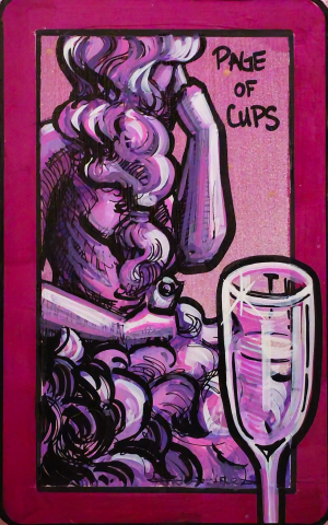 A painting of the Page of Cups showing a figure with long, curly hair resting their chin in their hand. A tall glass stands in front of them, with a sparkling highlight. The image is done in pink and purple tones.