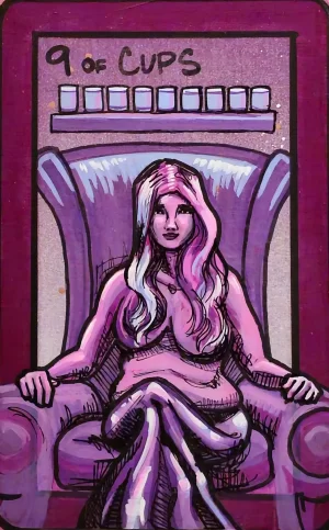 A painting of the 9 of Cups showing a person seated in a wide armchair with legs crossed. Behind them, nine cups are lined up on a shelf. The image is done in pink and purple tones.