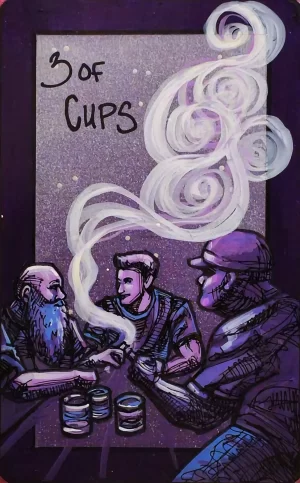 A painting of the 3 of Cups showing three men at a table with drinks, smoking cigars. White smoke swirls upward above them.