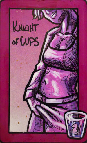 A painting of the Knight of Cups showing a torso view of a person in a cropped top, one hand grabbing their crotch. A glass in the corner of the image contains a small horse figure with a sparkle.