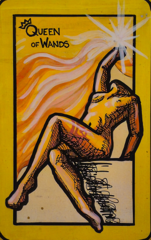 A tarot painting of Queen of Wands. A nude figure reclines on a block, one leg bent and the other stretched outward. Their right arm is raised, holding a starburst of white light. Behind them, orange flames stream across the background. The card is framed in yellow, with black text at the top left reading “Queen of Wands.”