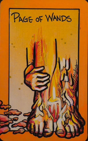 A tarot painting of Page of Wands. A pair of bare legs stands upright with a single lit candle at the feet. Wax has spilled everywhere, coating the legs in thick streams and dripping into a messy pool on the ground. The background is mottled orange, framed by a bold orange border. Black text at the top reads “Page of Wands.”