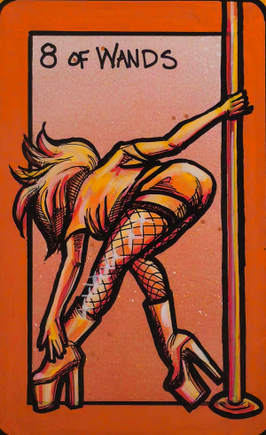 A tarot painting of Eight of Wands. A figure in fishnet stockings and high platform heels bends forward while holding onto a vertical pole. Their hair swings to one side, and their free arm reaches toward the ground. The background is mottled orange-pink, framed by a bold orange border. Black text at the top reads “8 of Wands.”