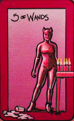 A tarot painting of Five of Wands. A person in a red catsuit with pointed ears stands at the center. To their side is a small table with five red candles, all burning with yellow flames. On the floor nearby lies a tipped-over cup with liquid spilling out. The background is mottled pink, framed by a bold red border. Black text at the top reads “5 of Wands.”