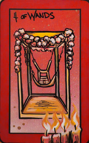 A tarot painting of Four of Wands. A tall wooden frame decorated with garlands of flowers stands in the center, with a swing hanging from the crossbeam. Four candles burn at the bottom, their flames glowing yellow and orange. The background is mottled pink-red, framed by a bold red border. Black text at the top reads “4 of Wands.”