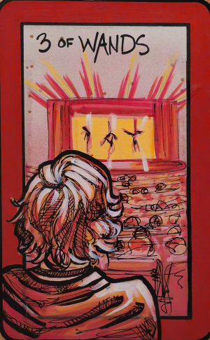 A tarot painting of Three of Wands. From behind, a figure with light hair looks toward a stage. Three silhouettes hang suspended in the center of glowing red and yellow beams, with rows of sketched audience heads filling the lower half. The card is framed with a bold red border, and black text at the top reads “3 of Wands.”